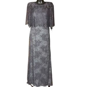 La Femme Gray Mother of the Bride‎ Lace & Rhinestone Strapless Gown With Cape Sz